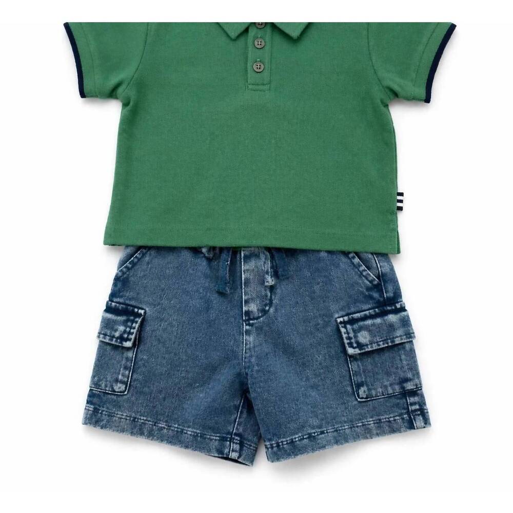 NEW SPLENDID kid's polo cargo indigo short set in green/ denim